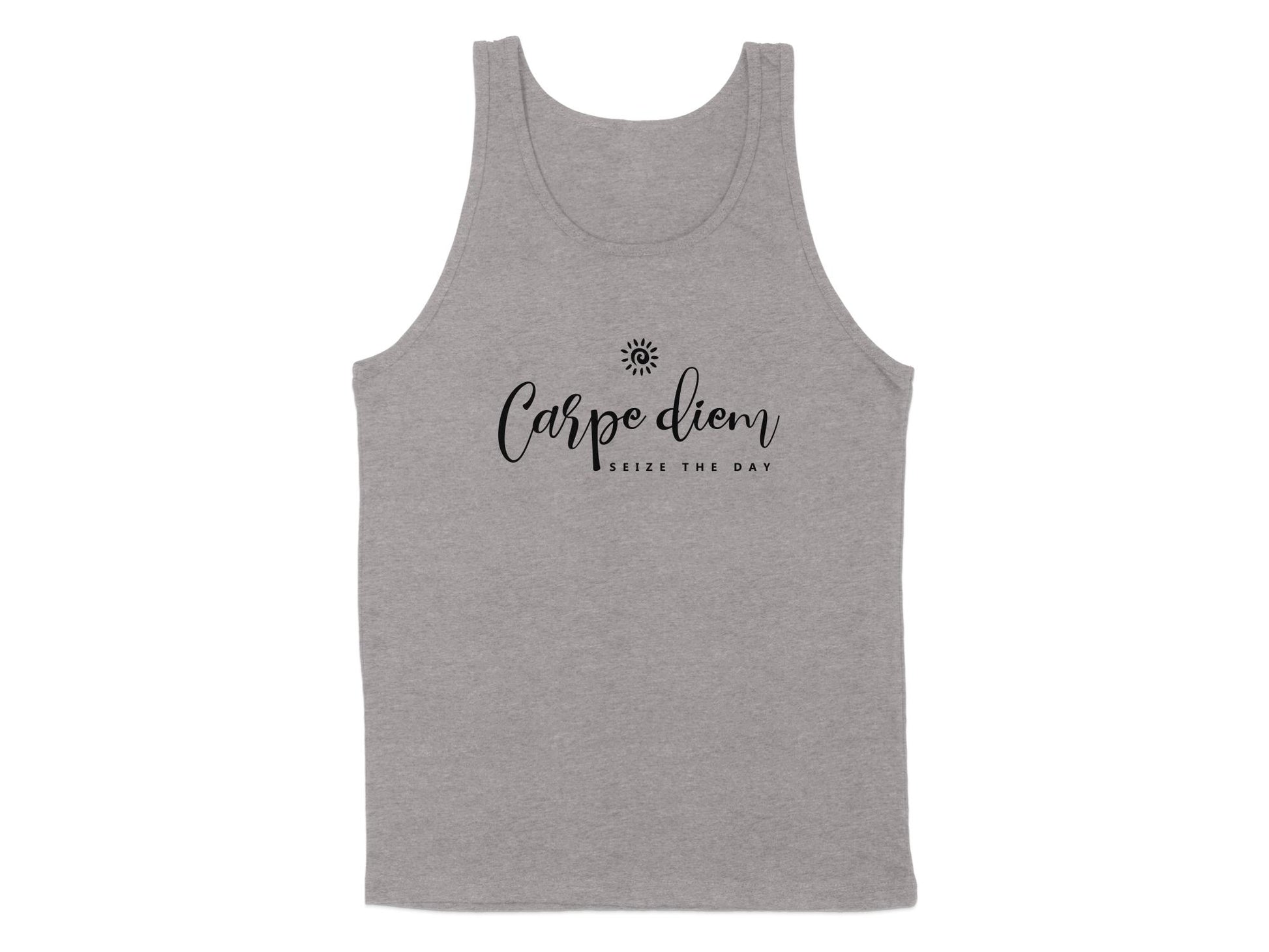 Athletic Heather Carpe Diem tank top with flowing black script typography beneath a minimalist sun illustration and uppercase text.