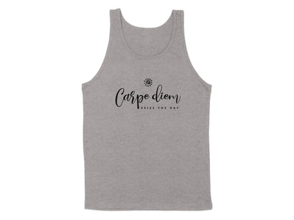 Athletic Heather Carpe Diem tank top with flowing black script typography beneath a minimalist sun illustration and uppercase text.