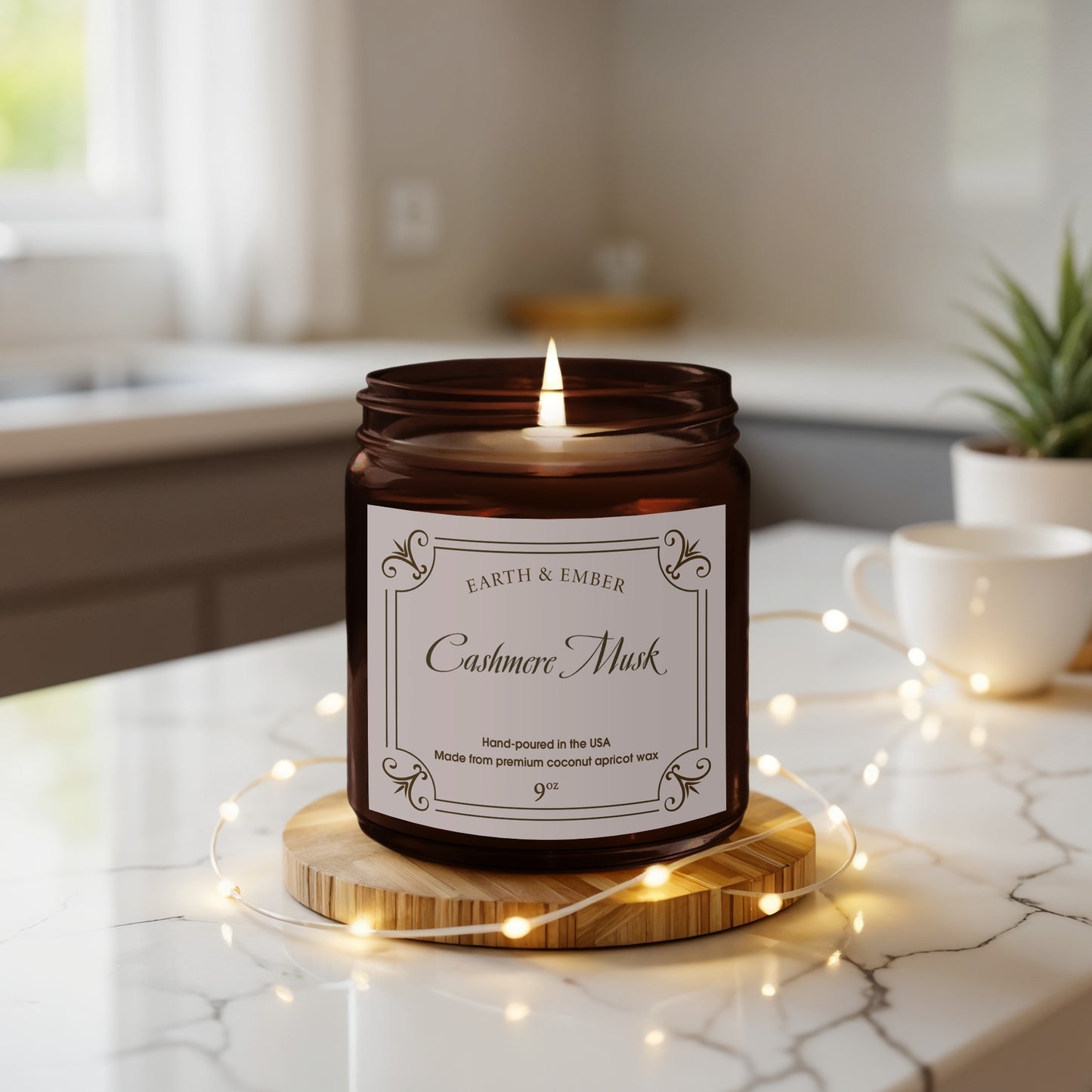 Cashmere Musk 9oz scented candle in stylish lifestyle setting with plush textiles and calming decor.