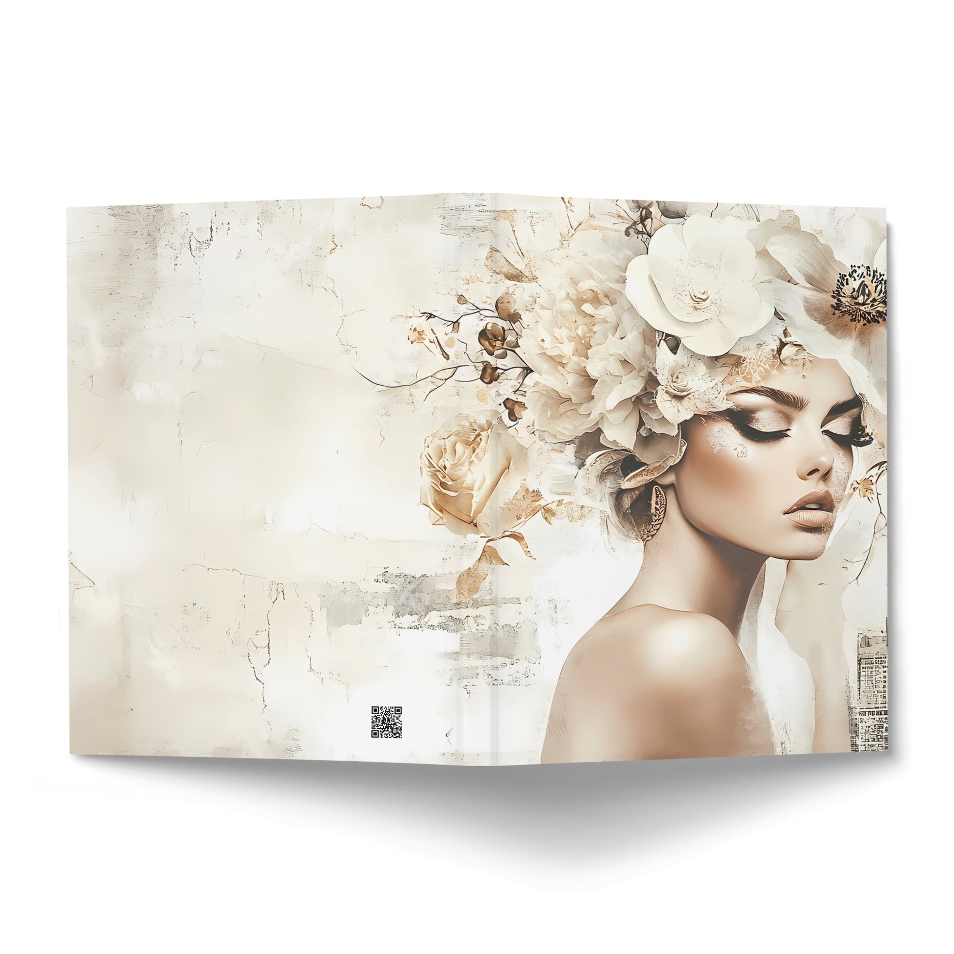 Front and back covers of the Chic Woman Journal showcasing sculptural white florals, gold accents, and editorial-inspired artwork