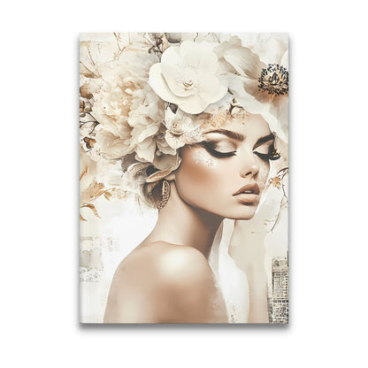 Chic Woman Journal featuring a fashion-inspired portrait with white magnolias, peonies, and gold botanical accents on a textured ivory background