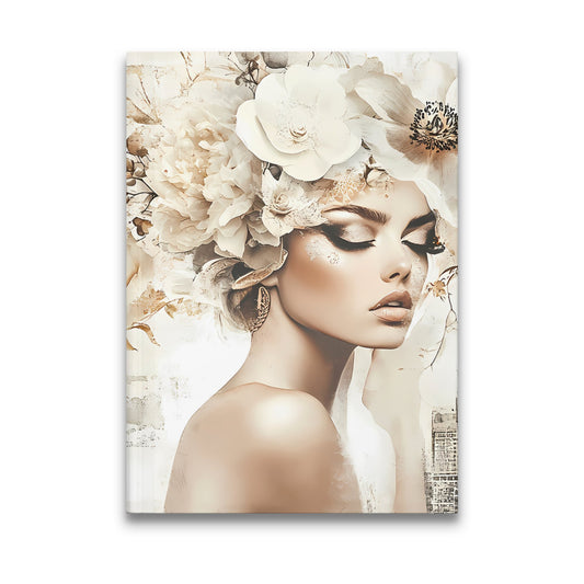 Chic Woman Journal featuring a fashion-inspired portrait with white magnolias, peonies, and gold botanical accents on a textured ivory background