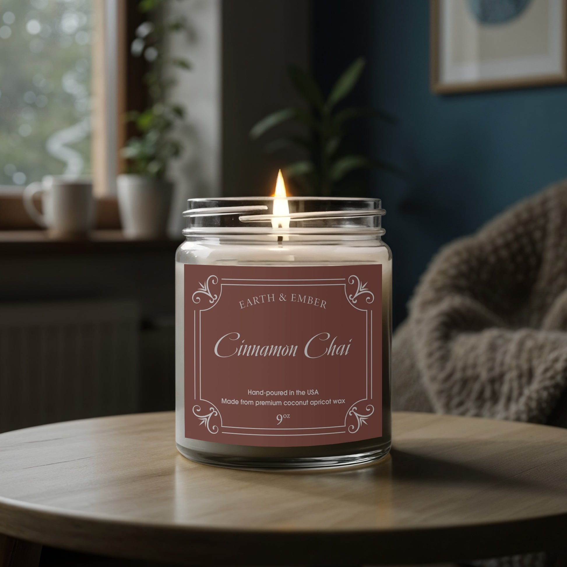 Cinnamon Chai scented candle glowing softly to create relaxing, comforting ambient light.