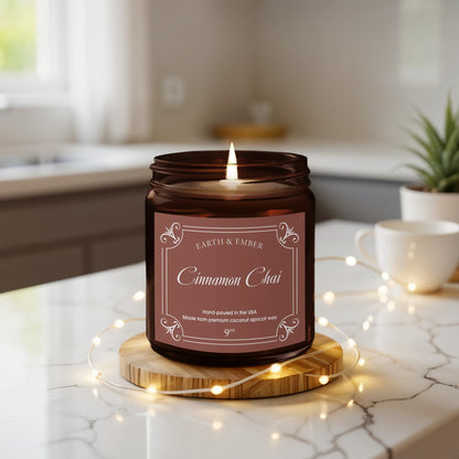 Cinnamon Chai scented candle featured in cozy lifestyle setting with warm textiles and trendy home decor.