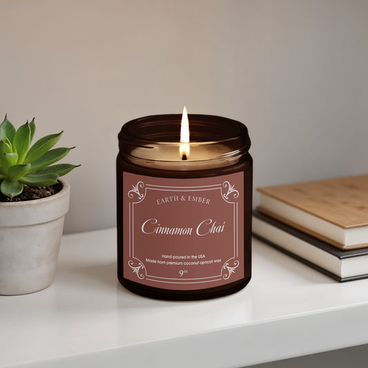 Cinnamon Chai scented candle 9oz in stylish amber jar with spicy-sweet aroma and clean, long-lasting burn.