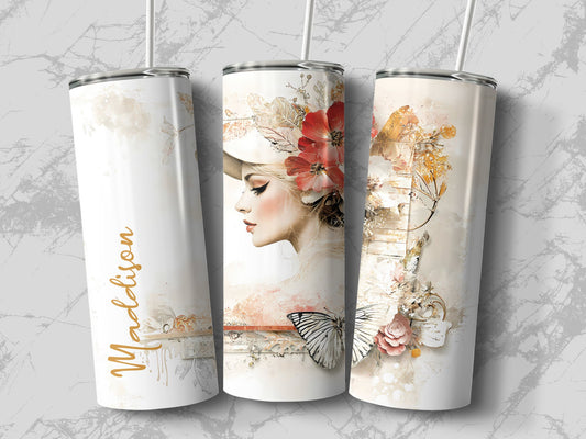 Custom name tumbler with elegant female profile, blush roses, and gold filigree details.