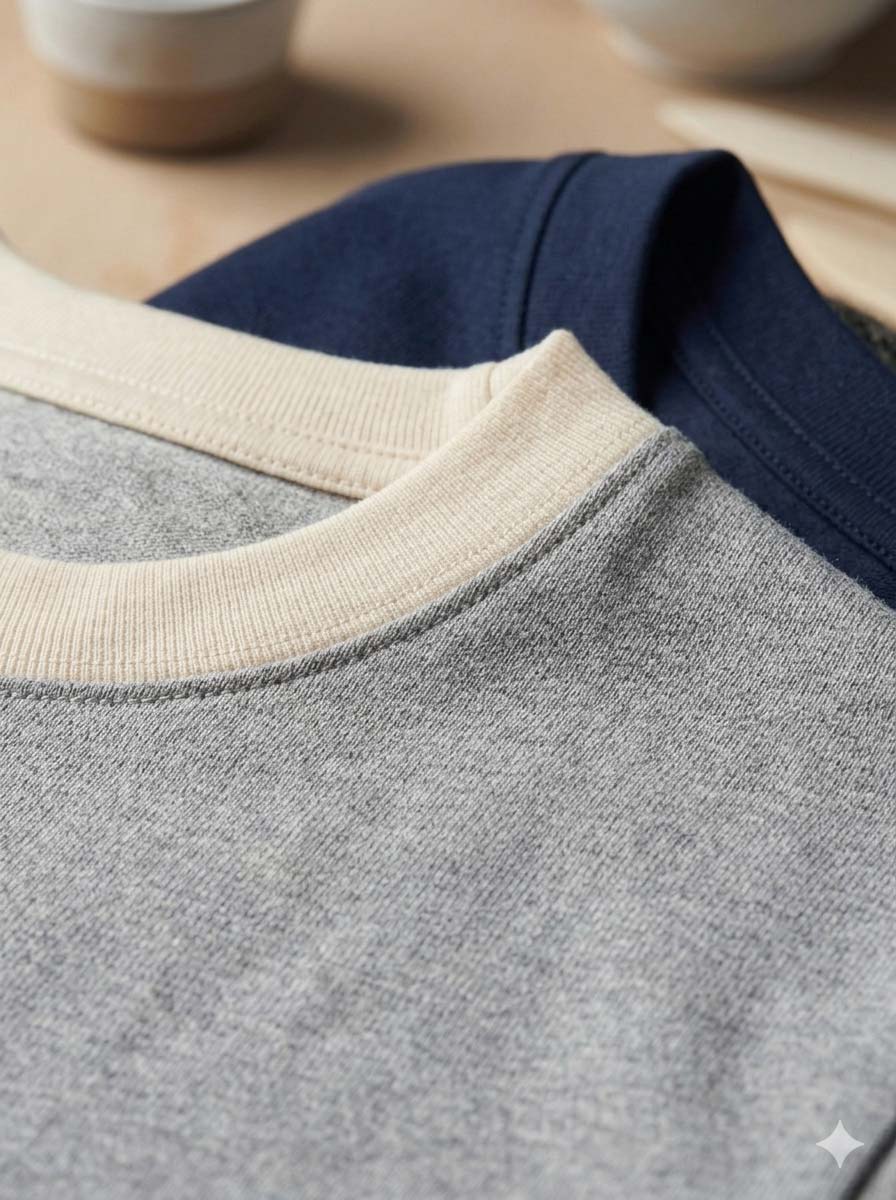 Close-up of a midweight grey crewneck t-shirt showing the detailed stitching and fabric texture of collar, styled on top of a navy blue tee.