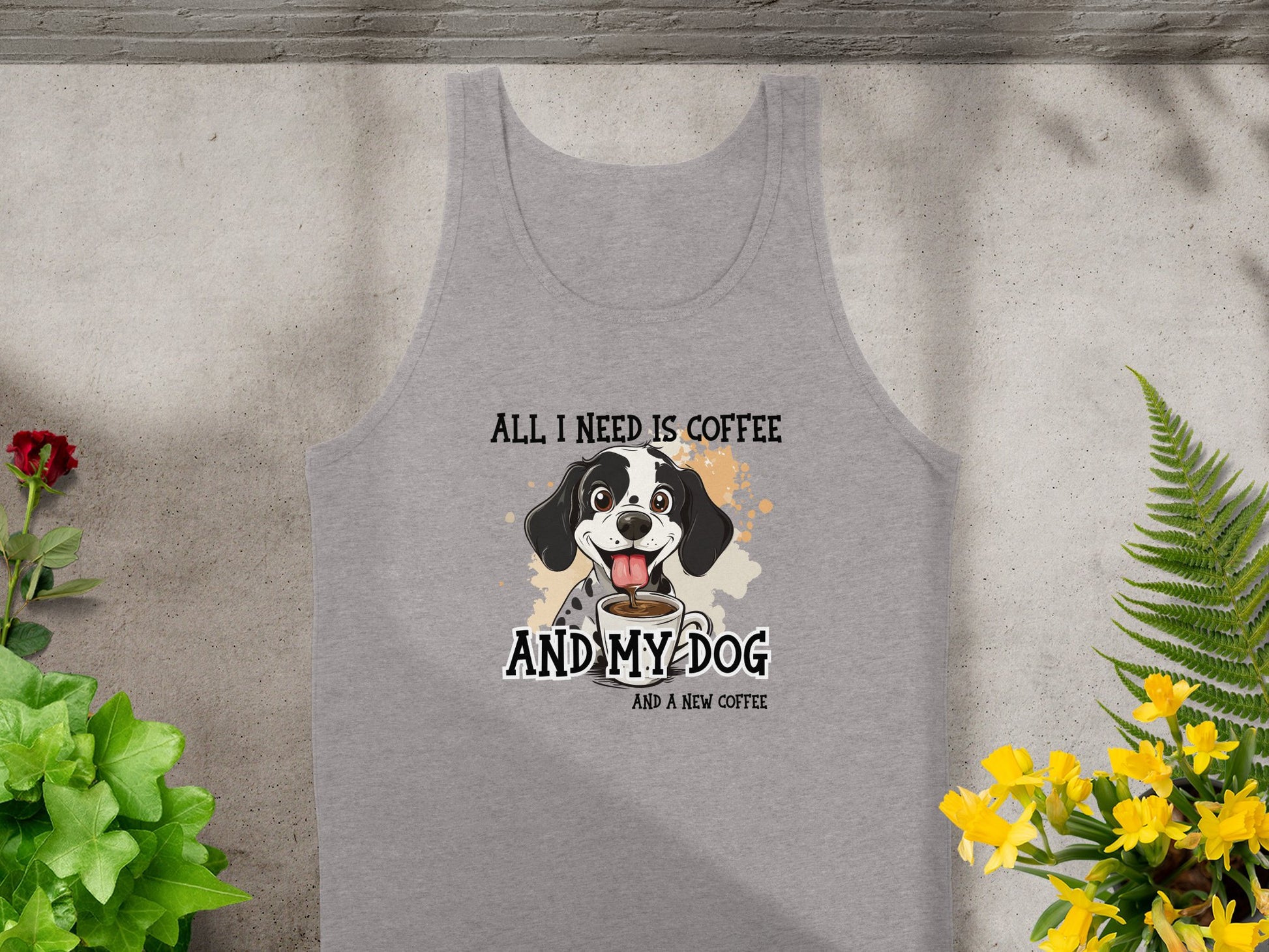 Athletic Heather Coffee And My Dog tank top featuring a playful dog illustration over beige watercolour accents at centre-chest.