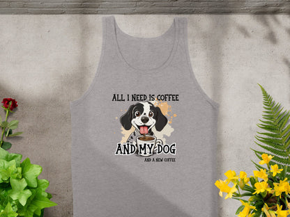 Athletic Heather Coffee And My Dog tank top featuring a playful dog illustration over beige watercolour accents at centre-chest.