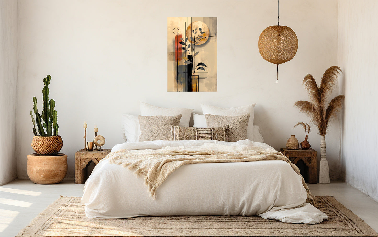 Contemporary Botanical Shapes Poster styled above a bed in a clean, modern bedroom interior.