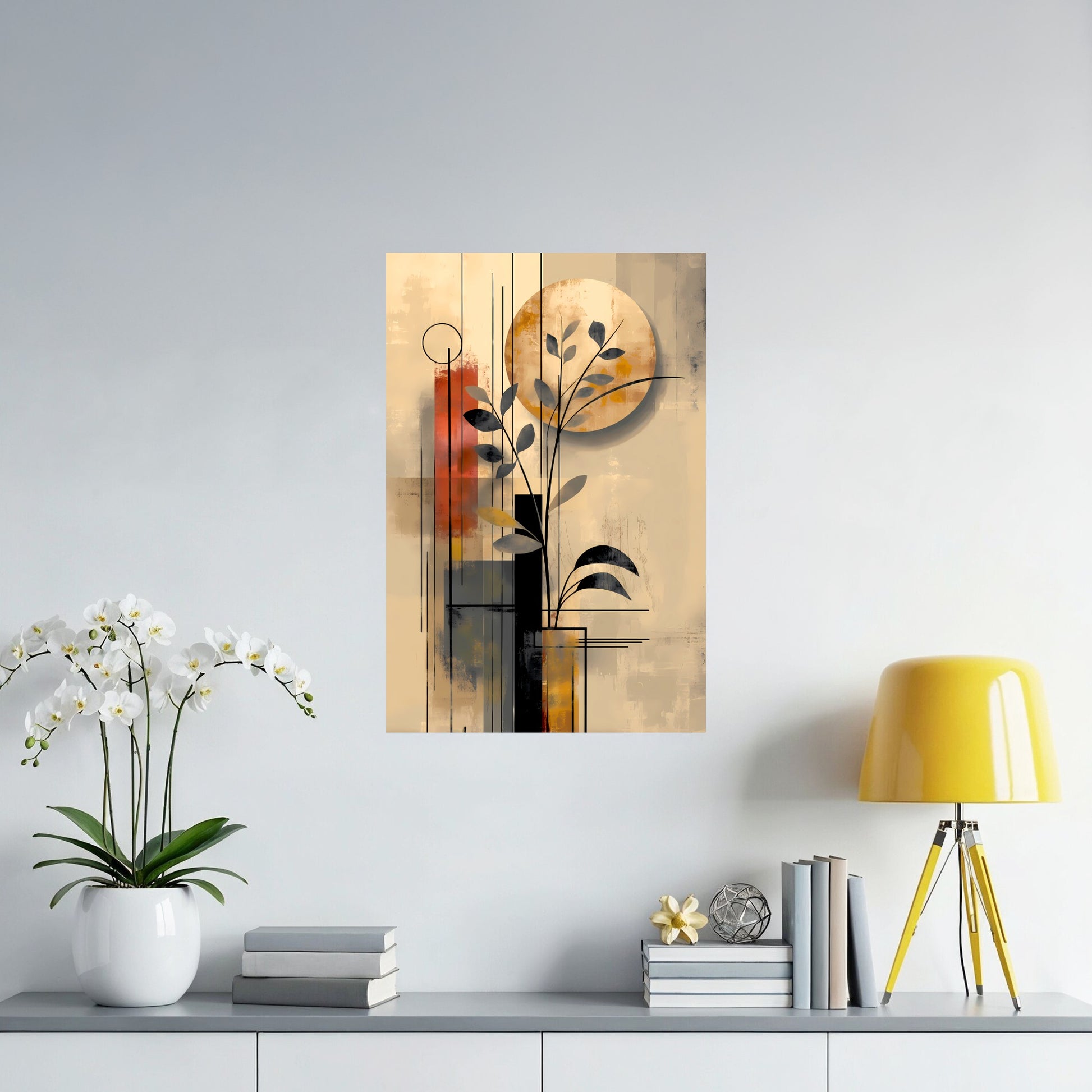 Contemporary Botanical Shapes Poster positioned above a sideboard showing warm neutral and golden hues alongside floral detail.