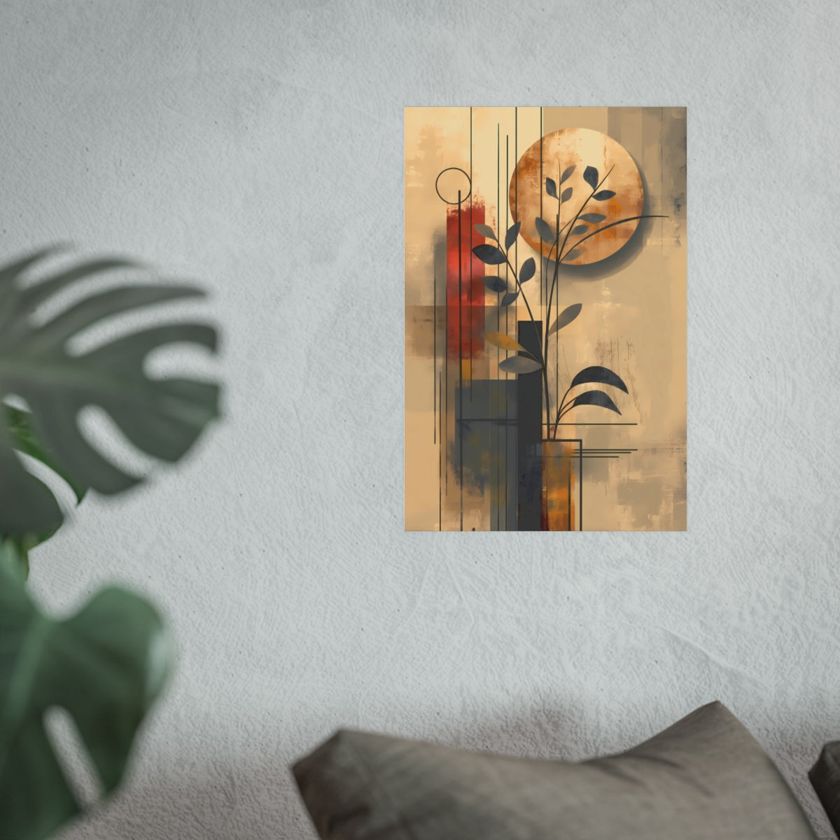 Contemporary Botanical Shapes Poster displayed in 12x18 inch above a couch with trendy decor elements.