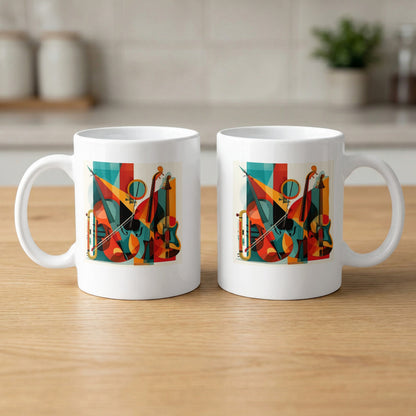 Two mugs showing front and back views of a colourful musical instrument collage with overlapping geometric forms and abstract shapes.