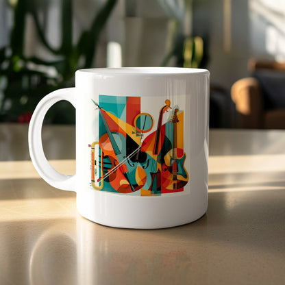Contemporary Music Mug 11oz featuring violin, cello, double bass and guitar collage with teal, orange, yellow and red geometric forms.