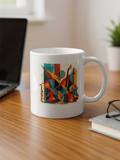 Abstract music illustration on 11oz coffee mug with layered instruments, geometric patterns and vibrant teal, burnt orange and red tones.