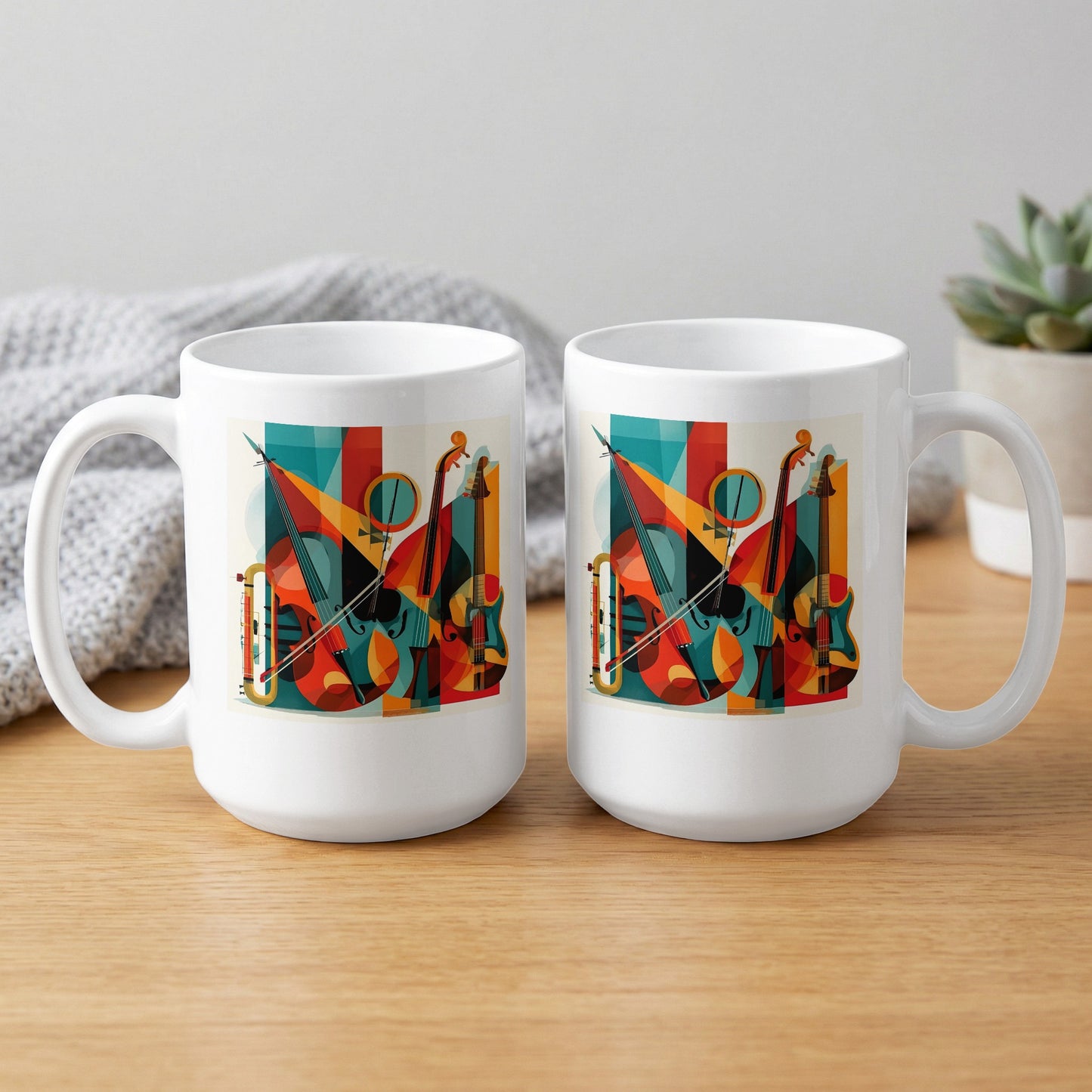 Front and back view of 15oz mug showing orchestral instruments, percussion details and colourful abstract geometry.