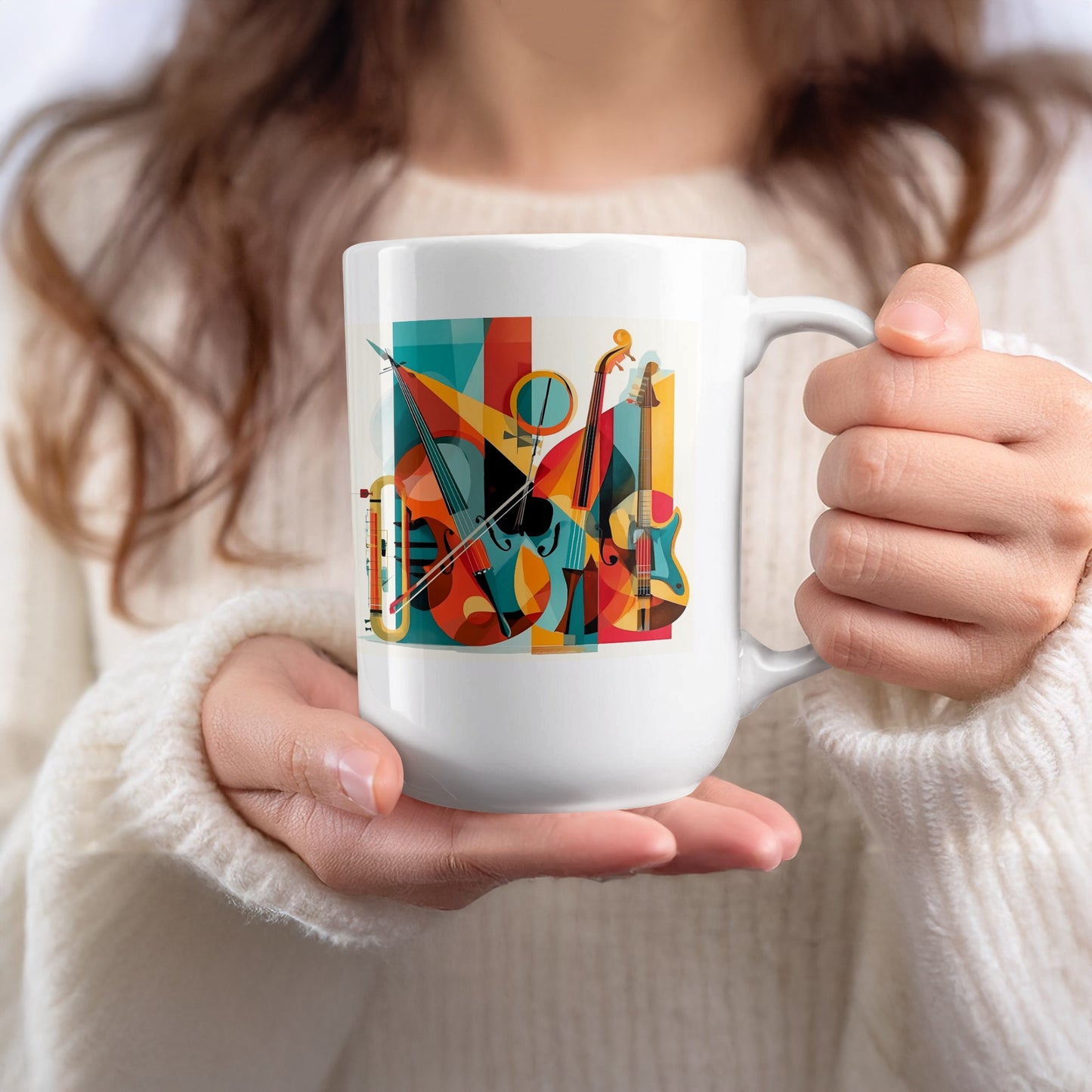 White 15oz mug held in hand featuring expressive instrument artwork with string instruments and bold geometric styling.