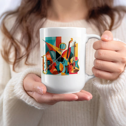 White 15oz mug held in hand featuring expressive instrument artwork with string instruments and bold geometric styling.