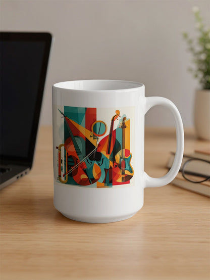 15oz coffee mug showing contemporary music design with layered instruments, angular forms and rich colour contrasts with C-handle.