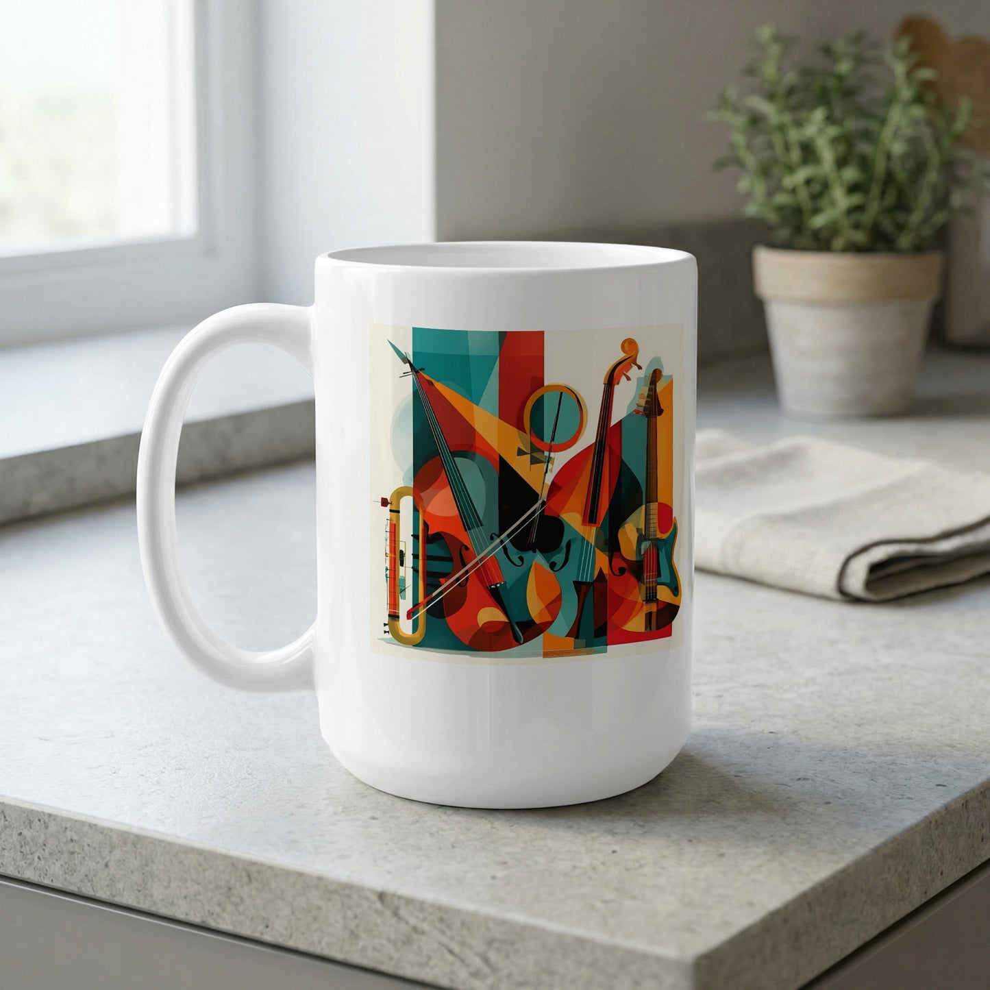 15oz white coffee mug displaying contemporary instrument collage with teal, orange, yellow and deep red geometric artwork.