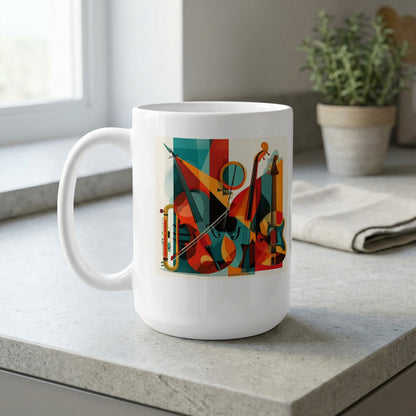 15oz white coffee mug displaying contemporary instrument collage with teal, orange, yellow and deep red geometric artwork.