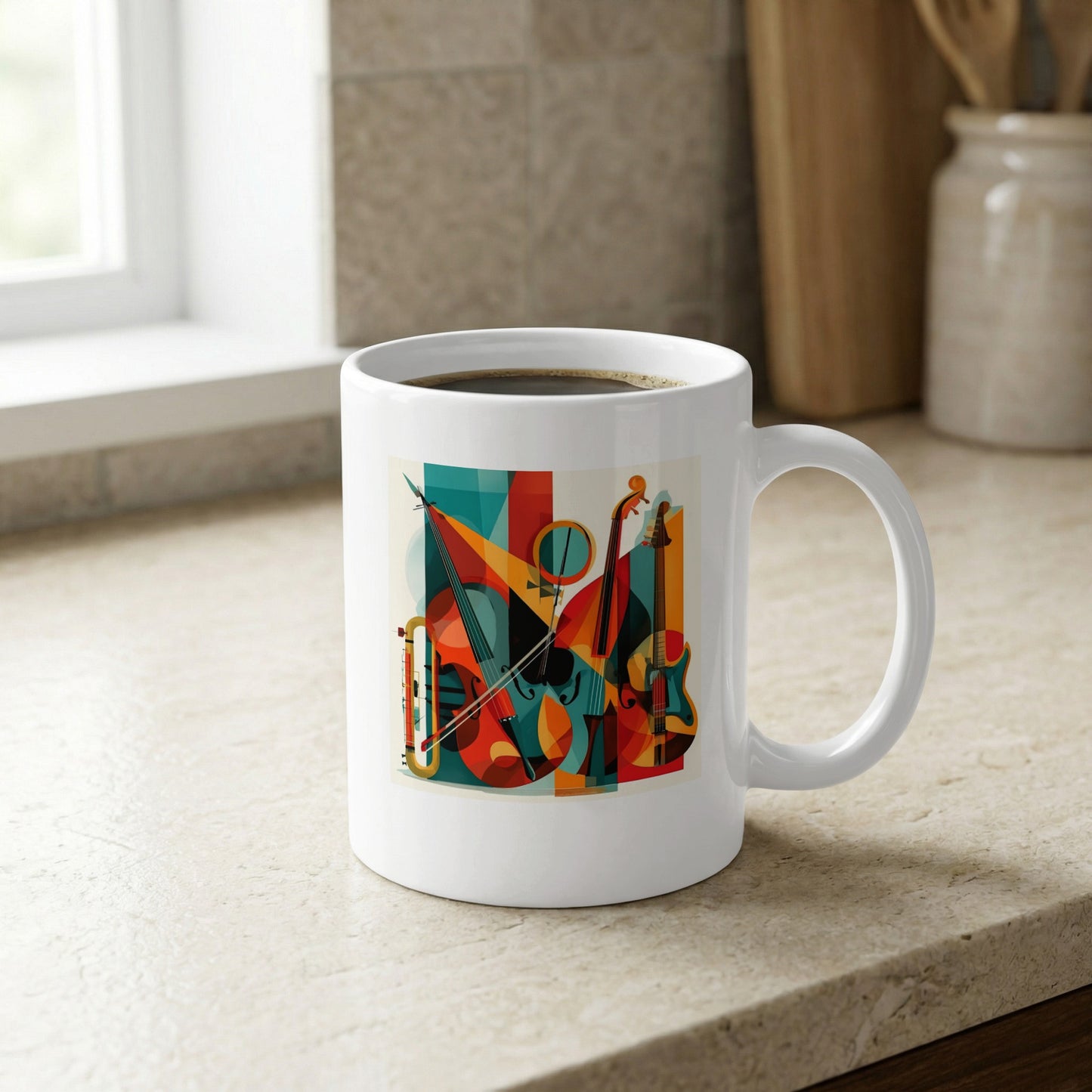 Ceramic mug with musical artwork featuring violin, cello and guitar illustrations with geometric composition in vibrant colours.