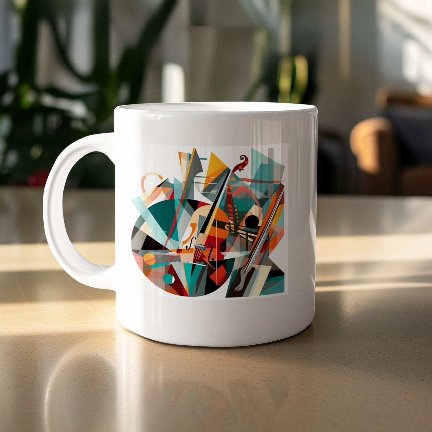 Contemporary Music Mug 11oz featuring violin artwork with geometric forms, musical staff lines and teal, orange and red tones.