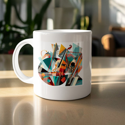 Contemporary Music Mug 11oz featuring violin artwork with geometric forms, musical staff lines and teal, orange and red tones.