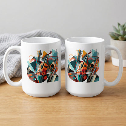 Front and back view of 15oz coffee mug showing cubist violin artwork with musical staff lines and vibrant geometric patterns.