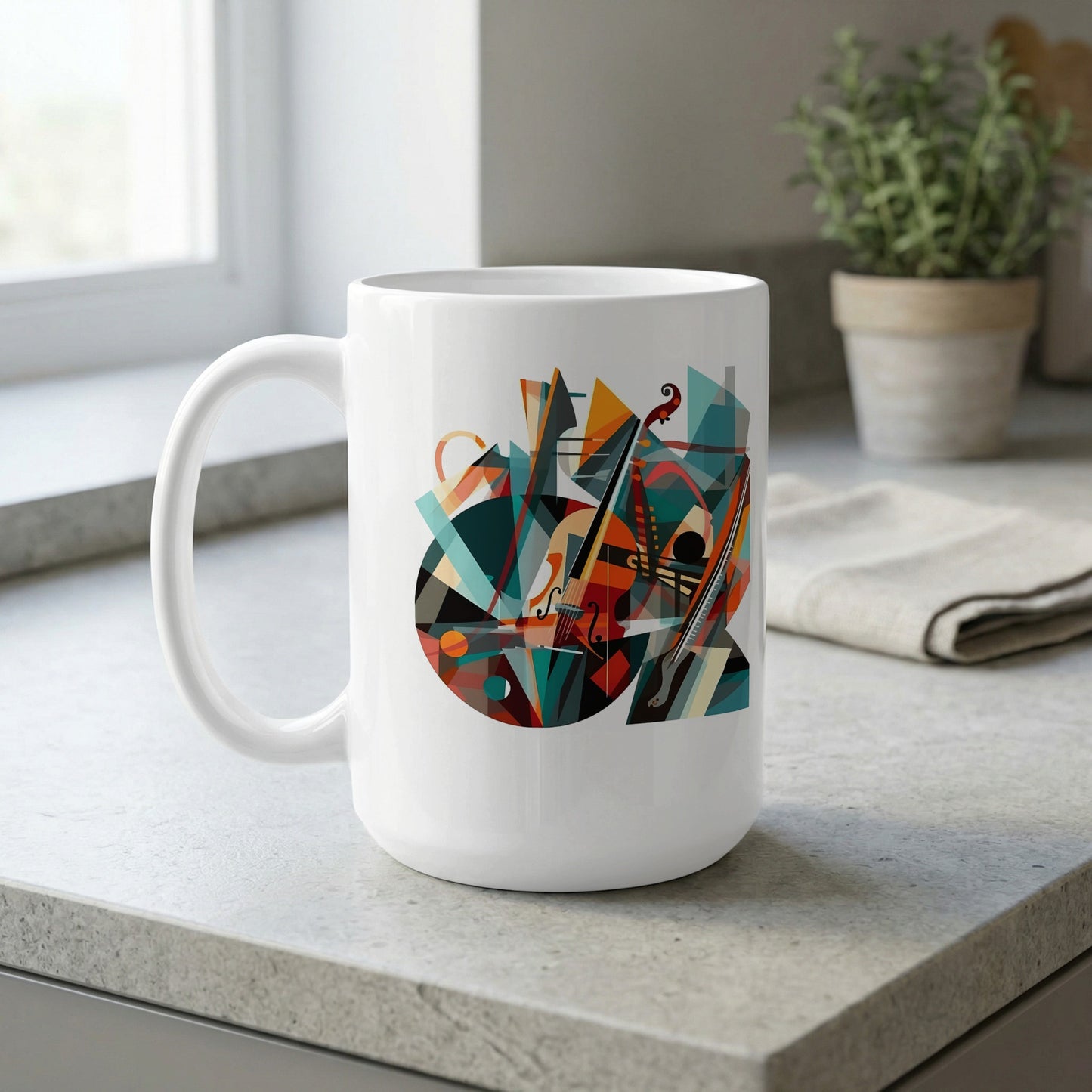 15oz white coffee mug displaying violin artwork with teal, orange, yellow and deep red geometric composition by window.