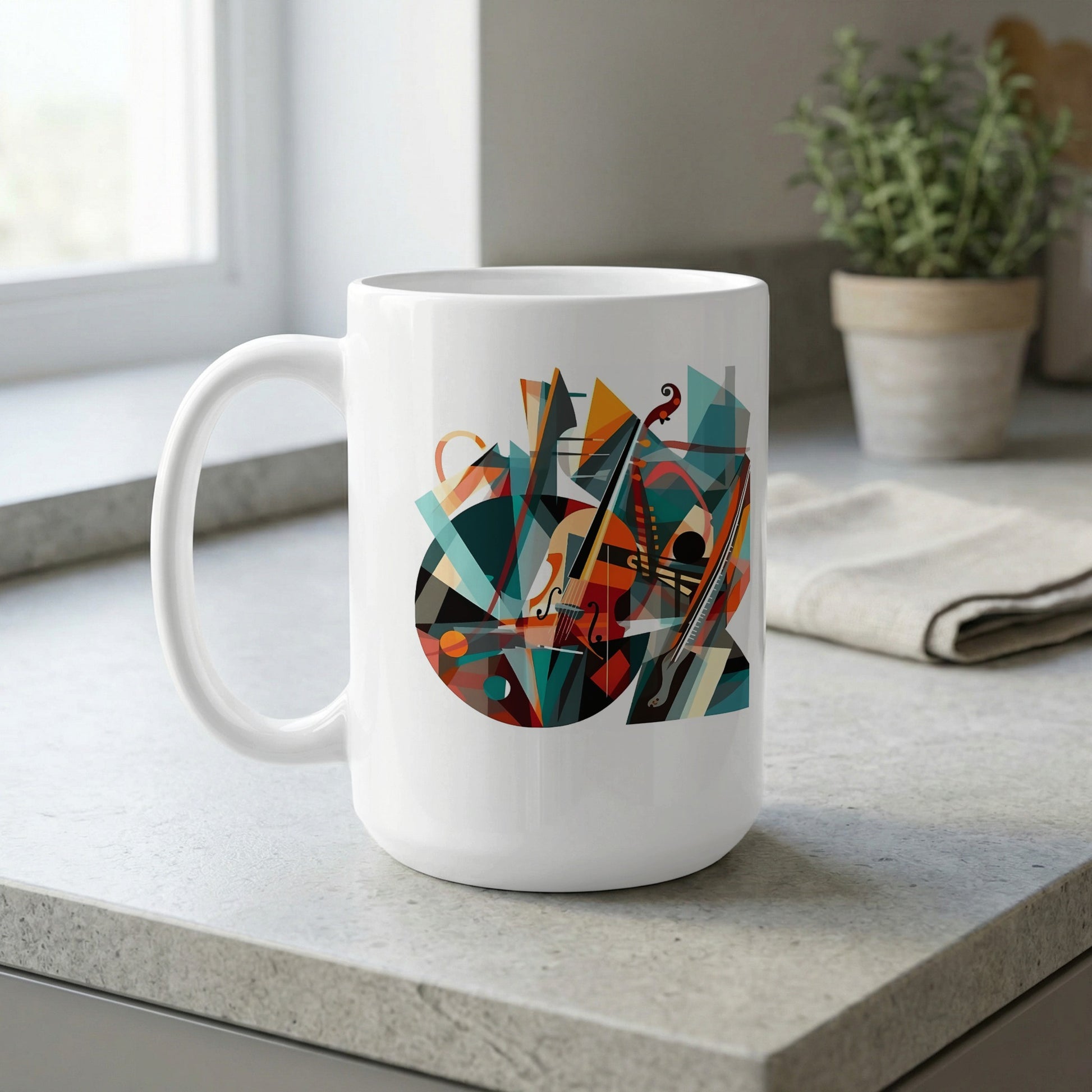 15oz white coffee mug displaying violin artwork with teal, orange, yellow and deep red geometric composition by window.