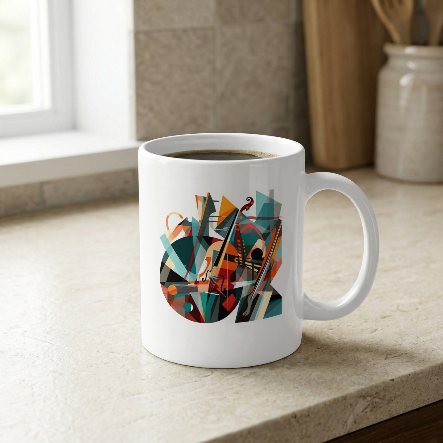 Ceramic mug with cubist-inspired musical artwork featuring violin, bow, staff lines and bold geometric composition by window.