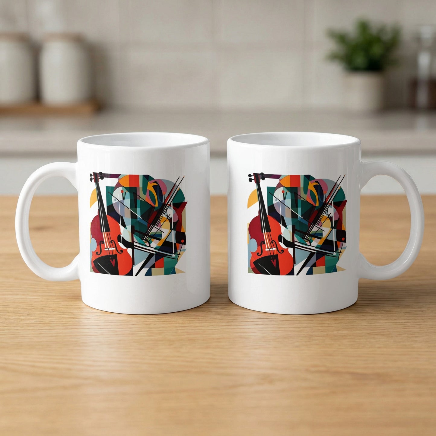 Two mugs displaying front and back views of abstract cello artwork with crossed bows and expressive geometric composition.