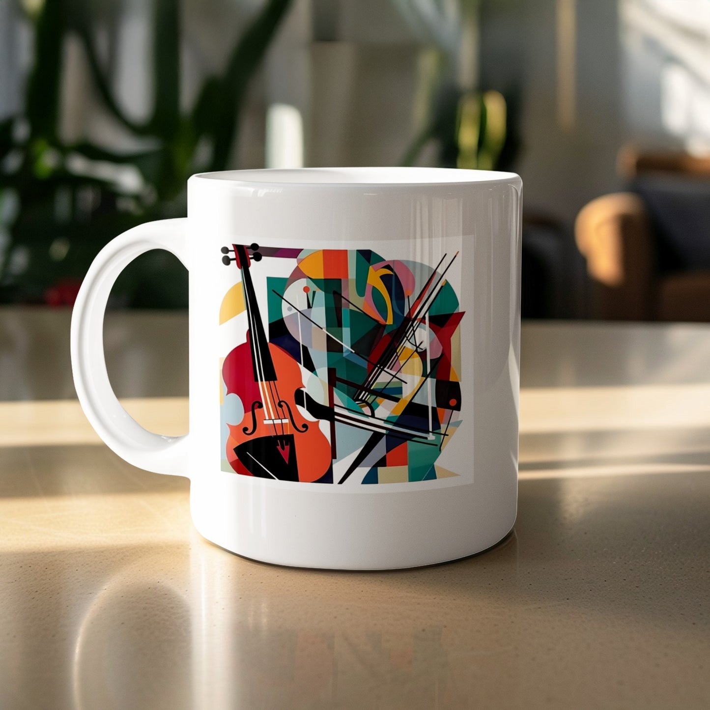 Contemporary Music Mug 11oz featuring cello artwork with crossed bows, geometric forms and burnt orange, red and teal tones.