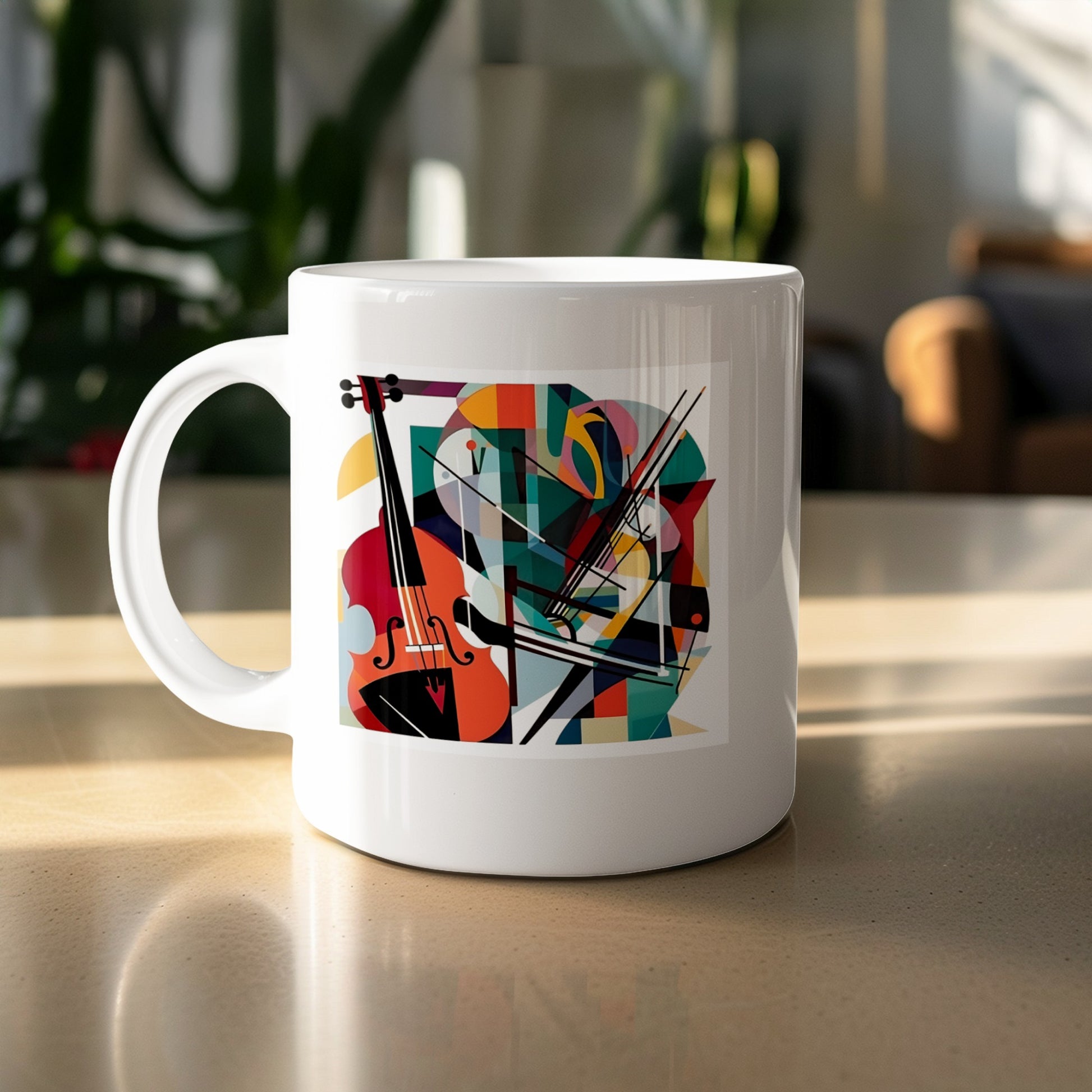Contemporary Music Mug 11oz featuring cello artwork with crossed bows, geometric forms and burnt orange, red and teal tones.