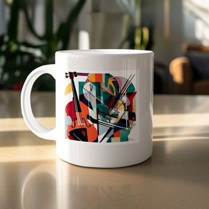 Contemporary Music Mug 11oz featuring cello artwork with crossed bows, geometric forms and burnt orange, red and teal tones.