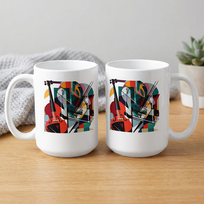 Front and back view of 15oz mug showing abstract cello artwork with geometric shapes and dynamic diagonal bow details.