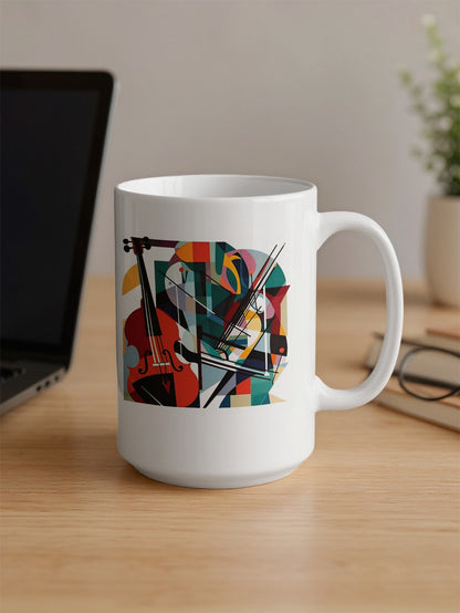 15oz coffee mug on desk showing contemporary music design with cello illustration, crossed bows and layered abstract forms.