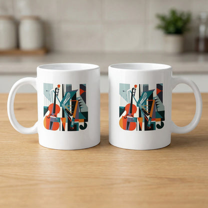 Two mugs displaying front and back views of cello artwork with geometric shapes and treble clef musical details.