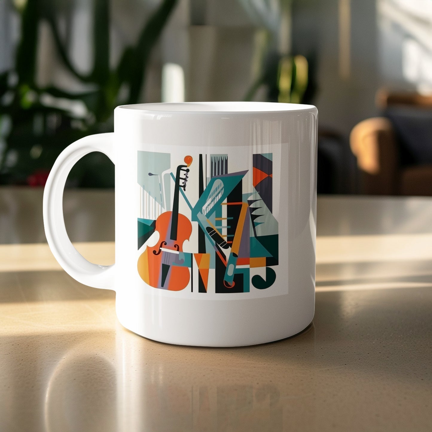 White contemporary Music Mug 11oz featuring cello illustration with treble clef detail, geometric shapes and mid-century colour palette.