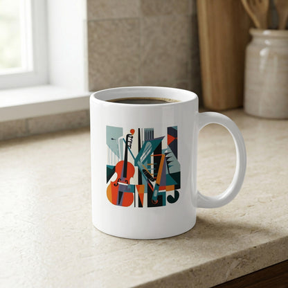 Ceramic mug 11oz featuring illustrated cello with defined f-holes, scroll details and a sophisticated geometric composition by window light.
