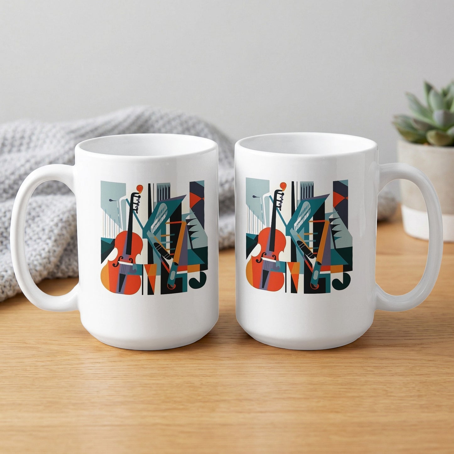 Front and back view of 15oz mug showing cello illustration, treble clef accent and mid-century geometric composition.