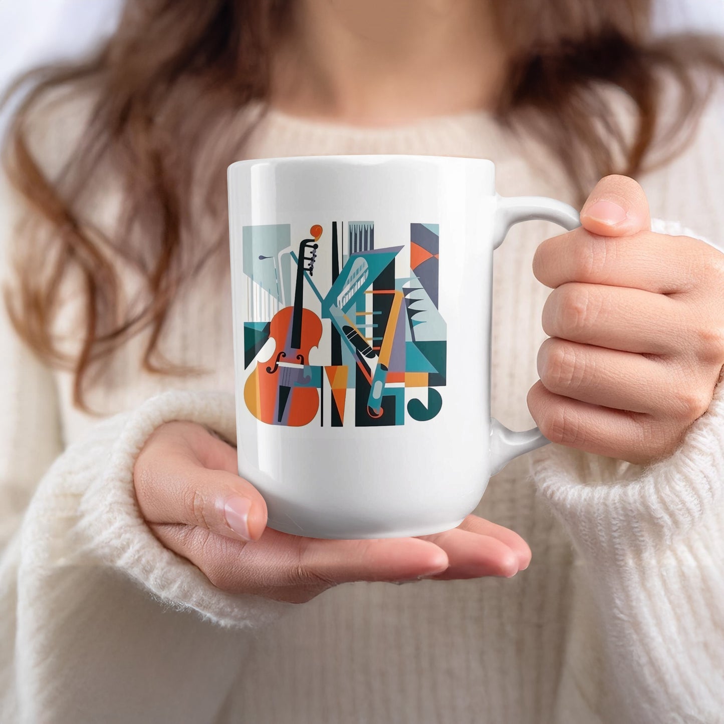 15oz coffee mug showing musical design with cello illustration, geometric backdrop and refined poster-style artwork.