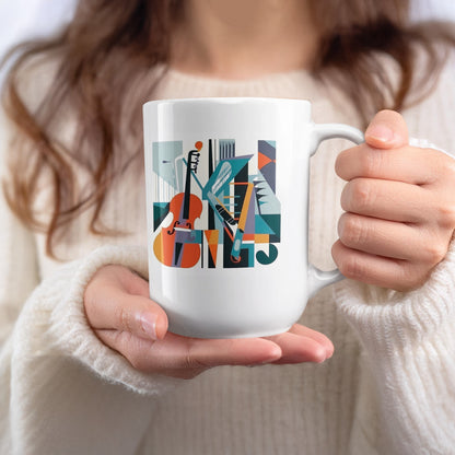 15oz coffee mug showing musical design with cello illustration, geometric backdrop and refined poster-style artwork.