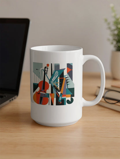 15oz white coffee mug on office desk displaying cello artwork with teal, orange, purple and grey geometric colour palette.