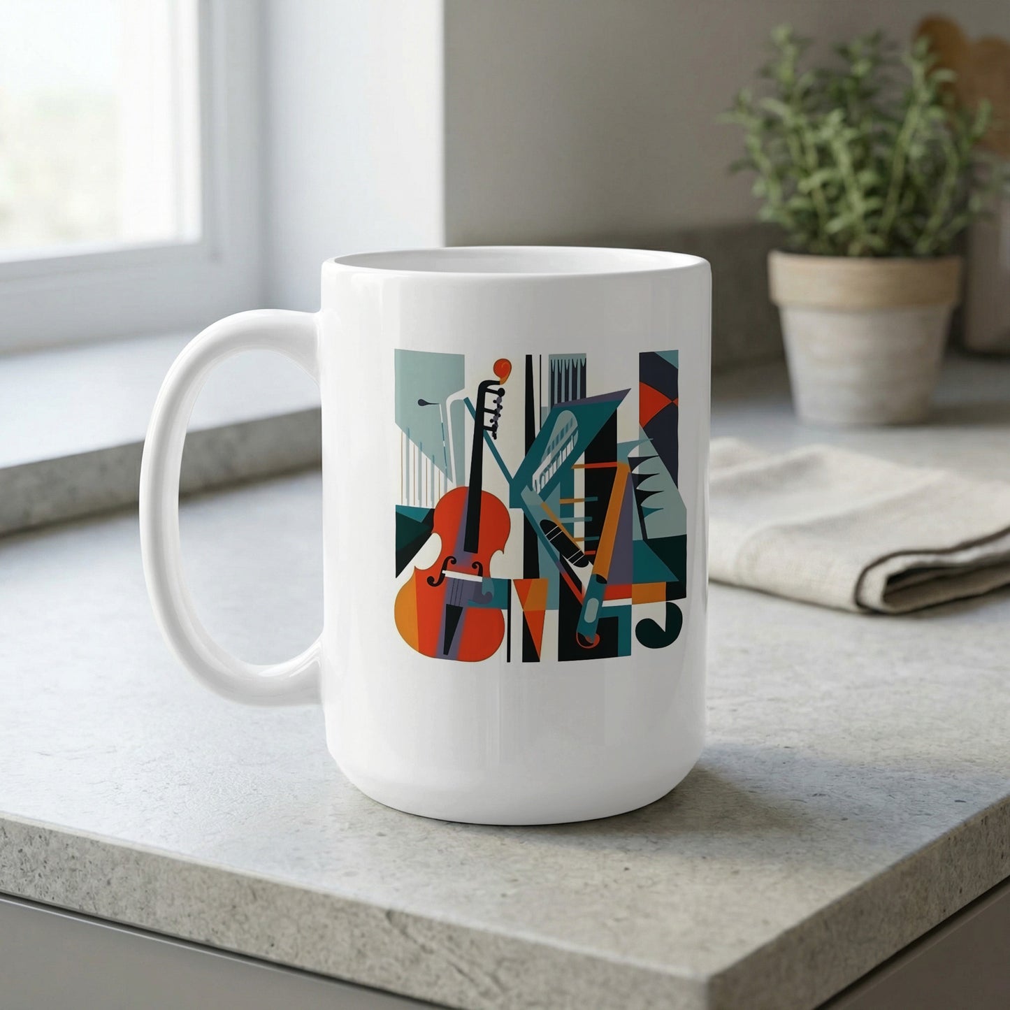 15oz mug near a window featuring refined cello illustration with geometric forms and mid-century inspired design.