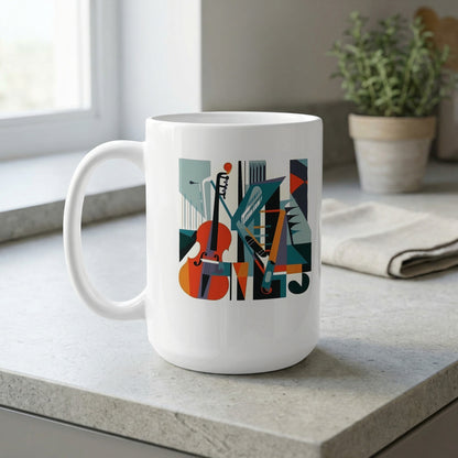15oz mug near a window featuring refined cello illustration with geometric forms and mid-century inspired design.