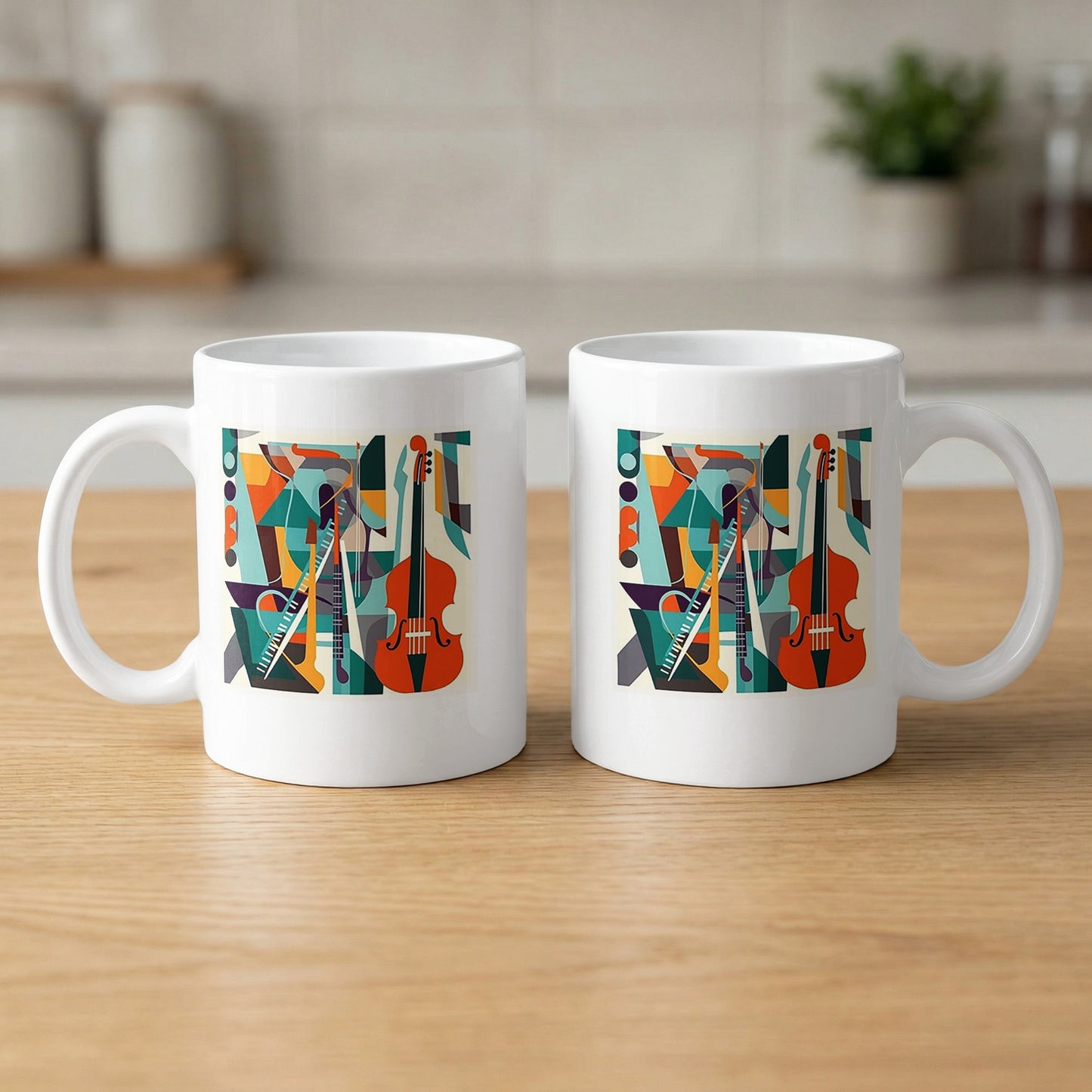 Two mugs displaying front and back views of colourful musical collage with cello, instruments and geometric composition.