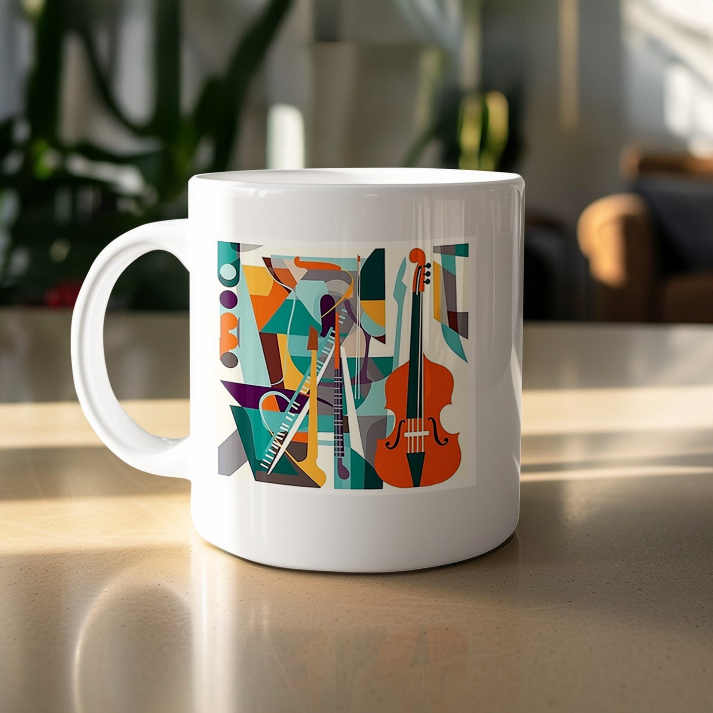 Ceramic contemporary Music Mug 11oz featuring cello, flute and brass instrument collage with geometric forms in teal, orange and purple.
