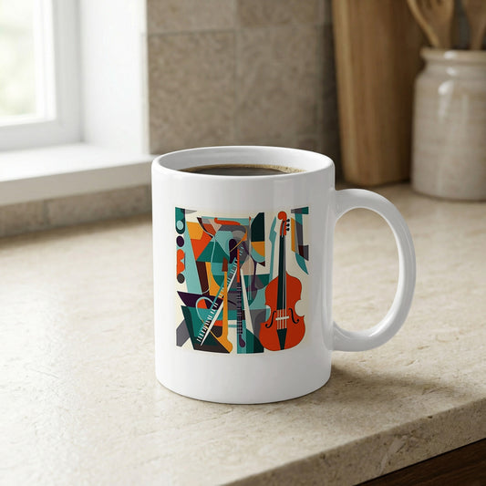 Ceramic mug featuring cello illustration with f-holes, strings, layered musical elements and mid-century inspired artwork, placed by window.